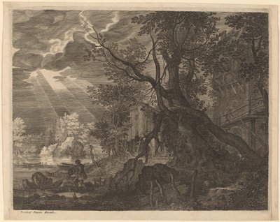 Landskap med män som fiskar i månsken av Aegidius Sadeler II after Roelandt Savery
