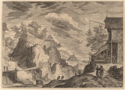 Landskap med ett värdshus till höger och House on Rocks till vänster av Aegidius Sadeler II after Roelandt Savery