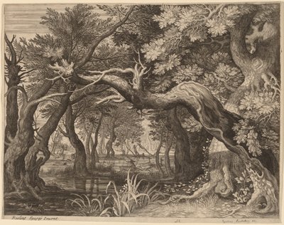Stag Hunt nära en pool av Aegidius Sadeler II after Roelandt Savery