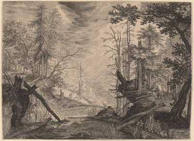 Tre jägare och två hundar nära en pool av Aegidius Sadeler II after Roelandt Savery