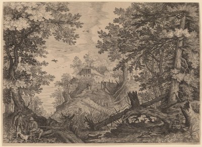 Skogsscen med två jägare och en hund till vänster av Aegidius Sadeler II after Roelandt Savery