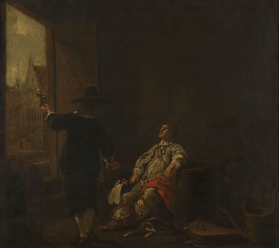 Skylt för en vinbutik, med Tasting the Wine på ena sidan och Barreling the Wine på den andra av Aelbert Cuyp (circle of)