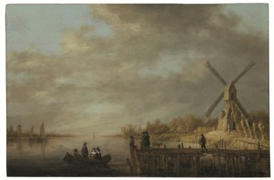 Ett flodlandskap med en väderkvarn och herrar i roddbåt och på en brygga i förgrunden (olja på pannå) av Aelbert Cuyp