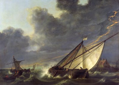 Båtar i flodmynningen i Holland dör i en storm av Aelbert Cuyp