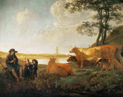 Landskap med herdar och flock, nära Rhenen, Nederländerna ... av Aelbert Cuyp