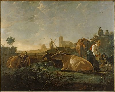 Mjölkerska och boskap nära Dordrecht ... (målning på duk) av Aelbert Cuyp