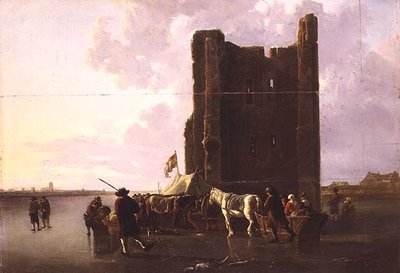 Stadsbefolkning med slädar på den frusna Maas vid Huis te Merwede av Aelbert Cuyp