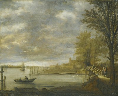 Vy över Dordrecht från söder, i förgrunden timmervarven av Aelbert Cuyp