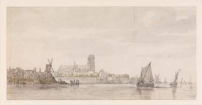 Utsikt över Groote Kerk i Dordrecht från floden Maas av Aelbert Cuyp