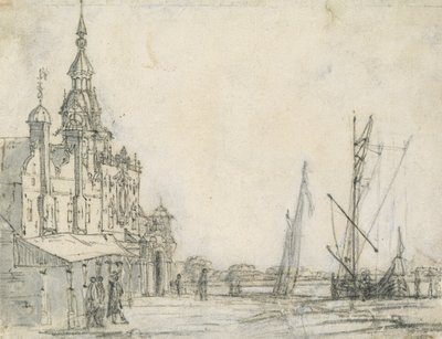 Utsikt över Groothoofdspoort från nordost, Dordrecht, 1618 (krita på papper) av Aelbert Cuyp