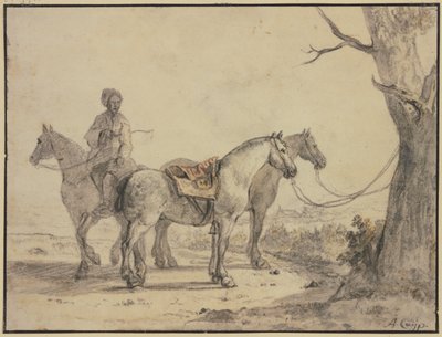 Två sadlade hästar bundna vid ett träd, med en ryttare av Aelbert Cuyp