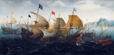Slaget vid Cadiz (holländska och engelska fartyg attackerar den spanska armadan) av Aert Anthoniszoon