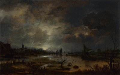 En flod nära en stad, vid månsken, ca. 1645 av Aert van der Neer