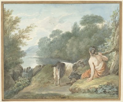 Herdinna med getter i ett landskap med en sjö av Aert Schouman