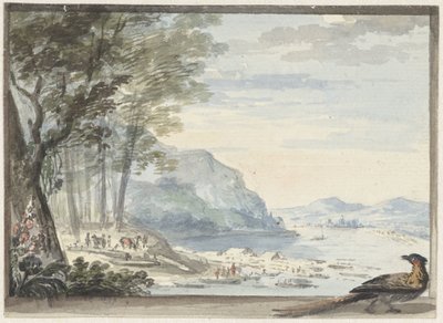 Flodlandskap med en kyckling i förgrunden av Aert Schouman