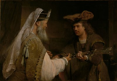 Ahimelech ger Goliat svärd till David av Aert de Gelder