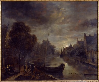 En kanal i en holländsk stad av månsken (olja på duk) av Aert van der Neer