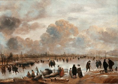 Ett vinterlandskap med skridskoåkare och stadsbor på en frusen vattenväg av Aert van der Neer