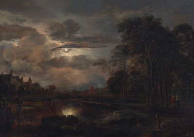 Månbelyst landskap med bro, troligen 16481650. av Aert van der Neer