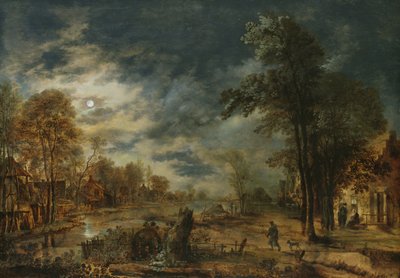 Månbelyst landskap med en by av Aert van der Neer
