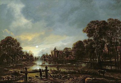 Månbelyst flodlandskap med stugor på de trädbevuxna stränderna av Aert van der Neer