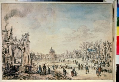 Vinterlandskap med skridskoåkare. Teckning av Aert Van der Neer (1603-1677) av Aert van der Neer