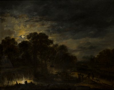 Flodlandskap av Moonlight, ca 1623-77 (olja på duk) av Aert van der Neer