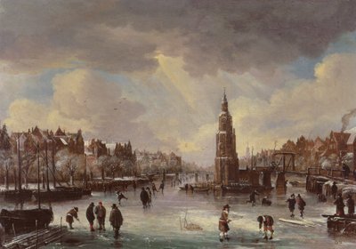 Stad vid en frusen flod av Aert van der Neer