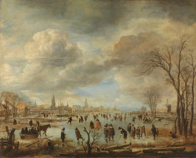 Vinterlandskap nära en stad med Kolf-spelare och hästdragna slädar av Aert van der Neer