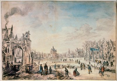 Vinterlandskap med skridskoåkare, holländsk målning från 1600-talet av Aert van der Neer