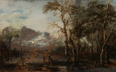 Skogbevuxen landskap med jägare/vinterlandskap av Aert van der Neer