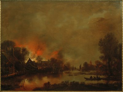 Nattligt kanallandskap med en brand i en by av Aert van der Neer der Ältere