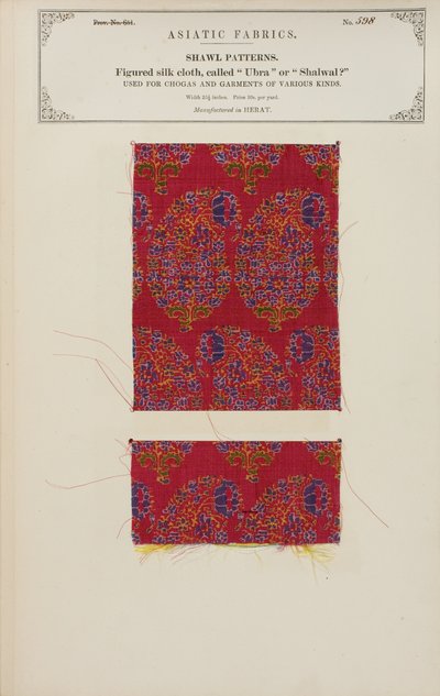 Figurerat sidentygsprov tillverkat i Herat, från The Collection of the Textile Manufacturers of India, av John Forbes Watson, publicerat 1866 av Afghan School