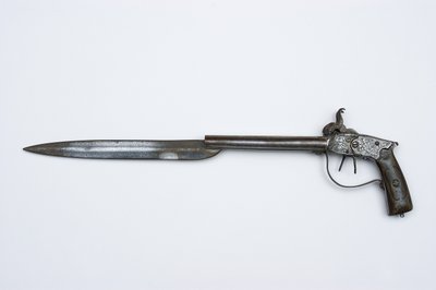 Dubbelpipig slagpistol, c.1840 (stål, mässing och horn) av African