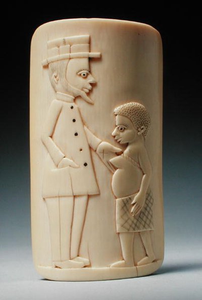 Plakett med figurer av en europeisk man och en afrikansk kvinna, Kongo (elfenben) av African