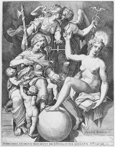 Allegori av Davids Psalm, Misericordia som sitter till vänster och matar fyra barn med..., 1579. av After Agostino Carracci.