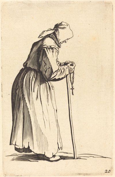 Tiggarkvinna med rosenkrans av After Jacques Callot