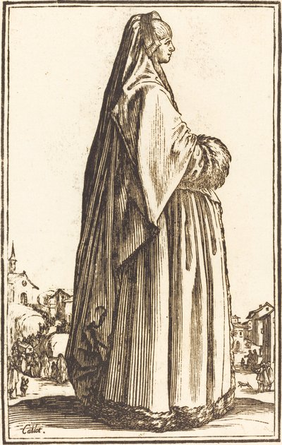 Adlig kvinna som bär en slöja och en klänning trimmad i päls av After Jacques Callot