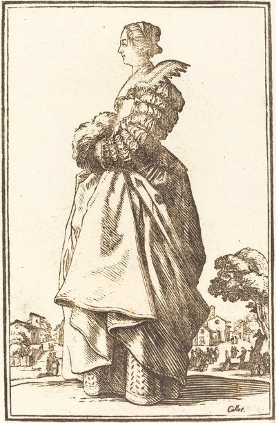 Adlig kvinna i profil med händerna i en muff av After Jacques Callot
