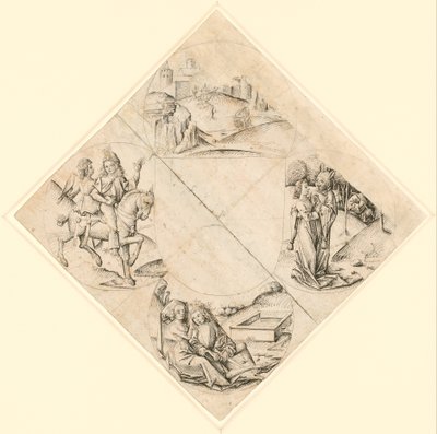 Design för en Quatrefoil med ett slott, två älskare, en jungfru frestad av en dåre, ett par som sitter vid ett tråg och en riddare och hans älskare monterade på en häst av After The Master of the Housebook