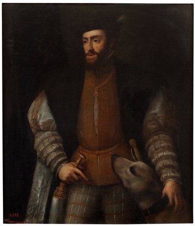 Spanska:  El emperador Carlos V con un perro Kejsaren Karl V med en hund av after Titian