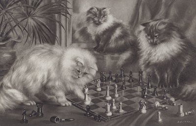 Grupp katter som leker med schackpjäser av Agnes Augusta Talboys