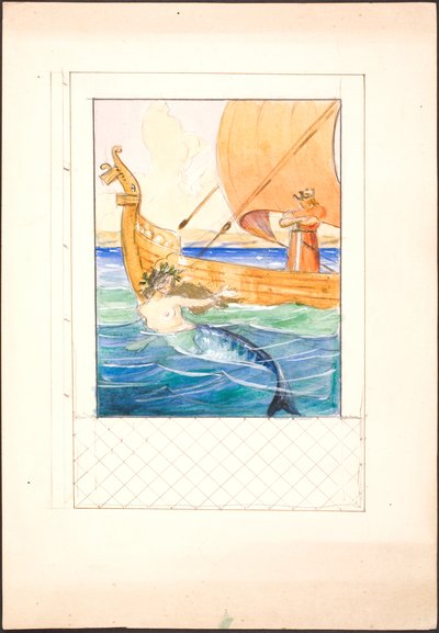 Illustration för Oehlenschläger med en sjöjungfru och en kung på ett skepp inpassat i en djupgående ram av Agnes Slott Møller