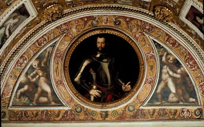 Porträtt av Cosimo I de Medici, storhertig av Toscana och far till Francesco I (målning på skiffer av Agnolo (after) Bronzino