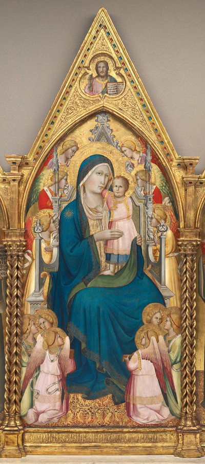 Madonna och barn tronade med tolv änglar och med välsignelsen Kristus [mittpanelen] av Agnolo Gaddi