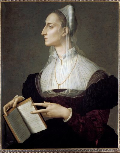 Porträtt av den italienska poetinnan Laura Battiferri som läser Petrarkas sonetter (olja på panel av Agnolo Bronzino