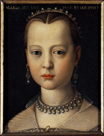 Porträtt av Maria av Medici (1540-1557) dotter till Cosimo I av Toscana (Cosimo I de Medici) (1519-1574) (Porträtt av Maria de Medici dotter till Cosimo I de Medici, storhertig av Toscana) Målning av Bronzino (Agnolo) av Cosimo) (1503-1572) 1551 Dim 15x12  av Agnolo Bronzino
