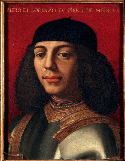 Porträtt av Peter II av Medici (1472-1503) (Piero di Lorenzo de Medici eller Piero den olyckliga) italiensk politiker och militär, son till Laurent den magnifika målningen av Agnolo Allori kallad Bronzino (1503-1572), olja på koppar Dim 15x12 cm Palazzo M av Agnolo Bronzino
