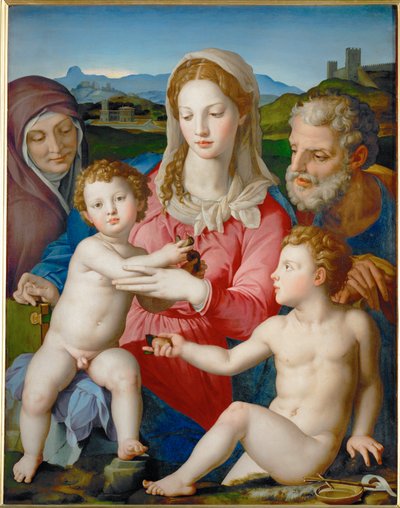 Den heliga familjen med Sankt Anna och Johannes Döparen ... av Agnolo di Cosimo Bronzino