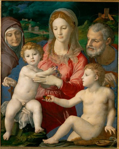 Den heliga familjen med Sankta Anna och unge Johannes (målning på poppelträ) av Agnolo di Cosimo Bronzino